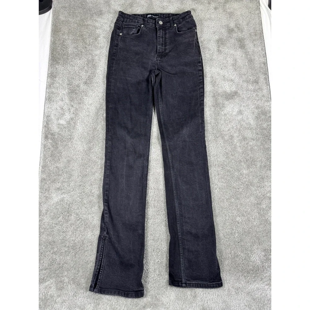 Zara High Waisted Split Hem Slim Straight Jeans Faded Black Size 6 MEX 28